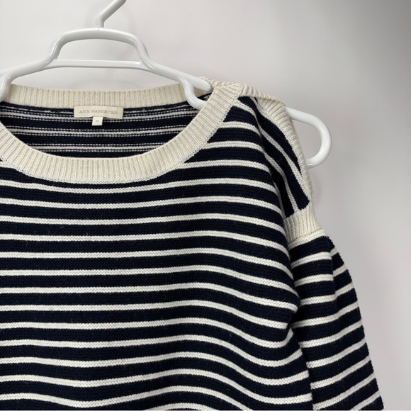 ANN MASHBURN Sweater Womens Medium Boat Neck Wool Navy Cold Shoulder Striped - Picture 7 of 13